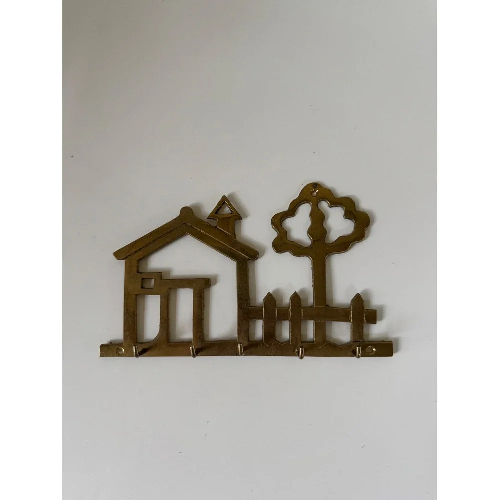 Vintage Solid Brass House and Tree Key Hook Wall Mount Rack 5 Hooks Gold Tone